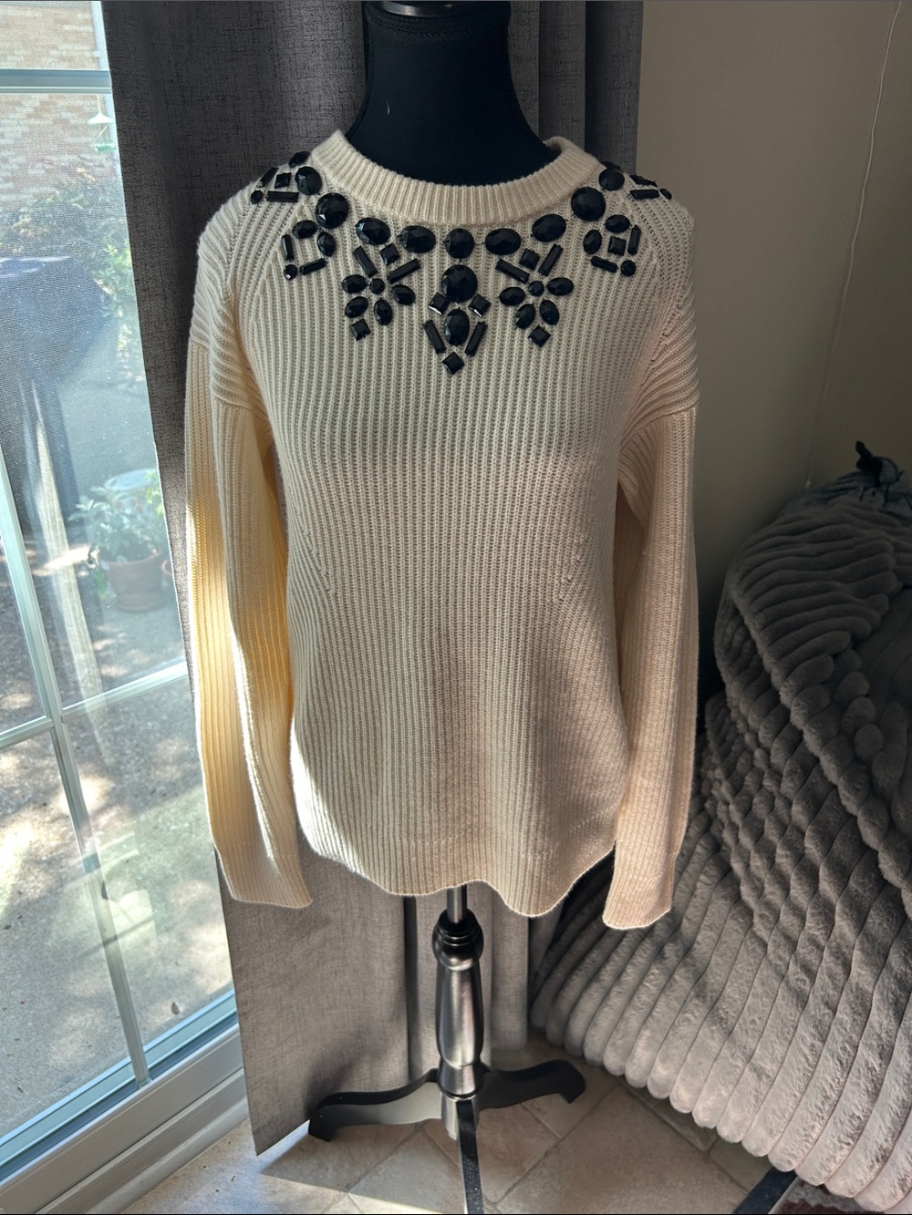 Ann Taylor Cream Crewneck Sweater with Black Jewel Appliqué